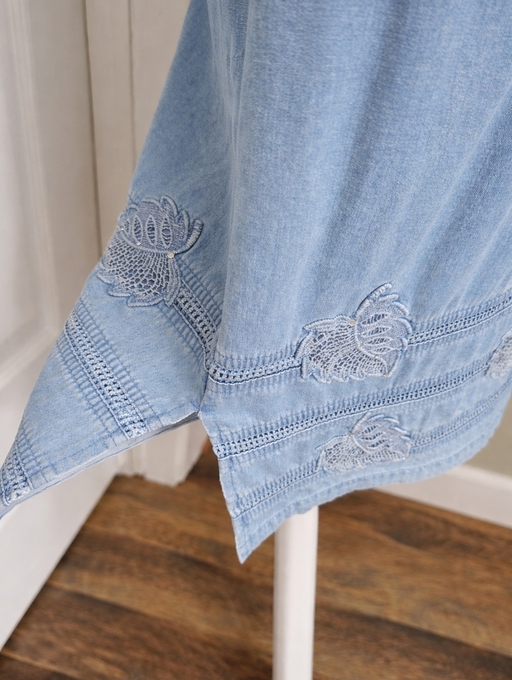 Y2K Denim Jumper Dress Coastal Cowgirl Tropical Monstera Midi Light Wash - Picture 6 of 13